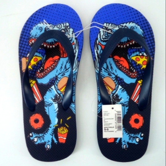 NWT The Children's Place Dinosaur Movies Fries Pizza Blue Sandals 5/6 Youth - Picture 1 of 7